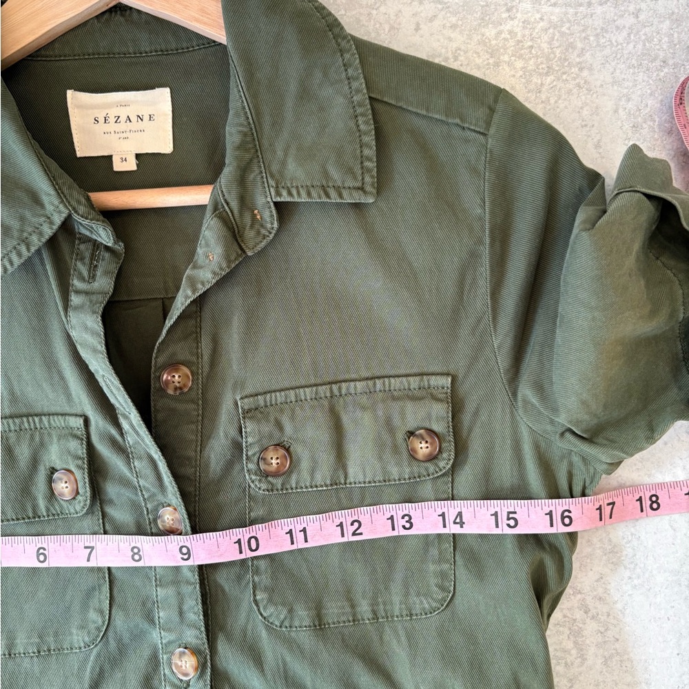Sezane || Jeanette Dress Belted Button Front Midi Shirtdress Olive Green 34 US 2 - Picture 8 of 11